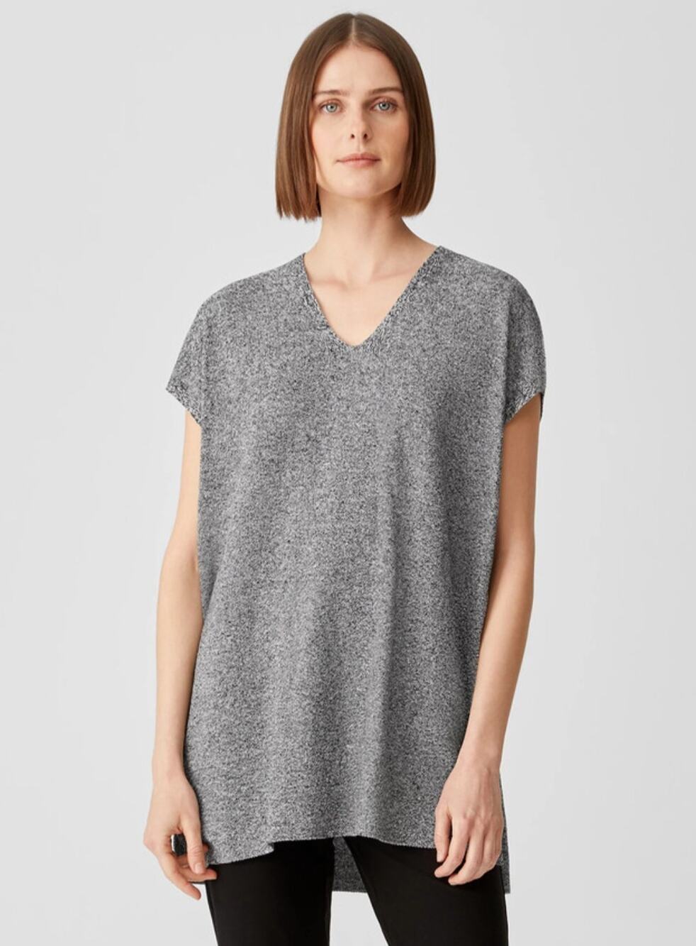 EILEEN FISHER Top LARGE Organic Linen Cotton Twist V-Neck Marled Gray Lagenlook